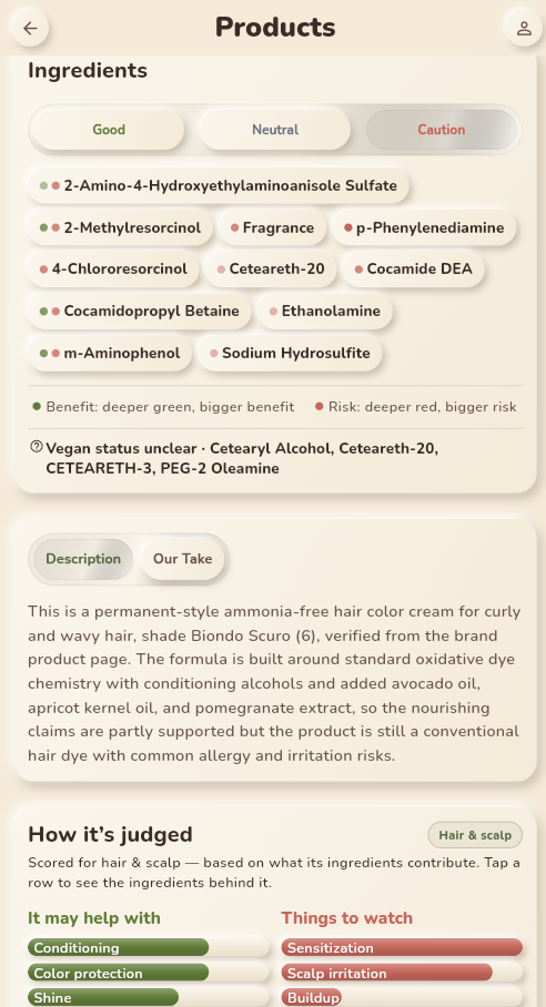 An ingredient breakdown and score in the SpottyLabs app